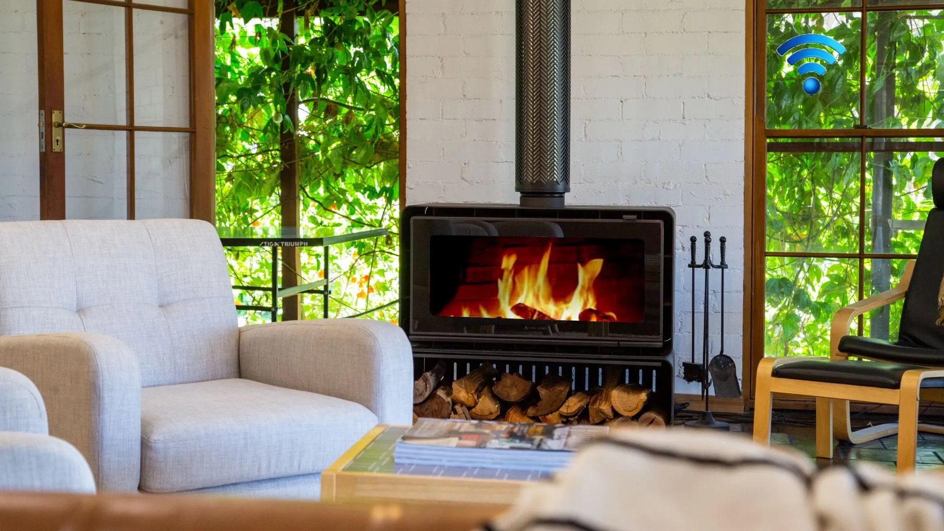 The fireplace lit in the evening